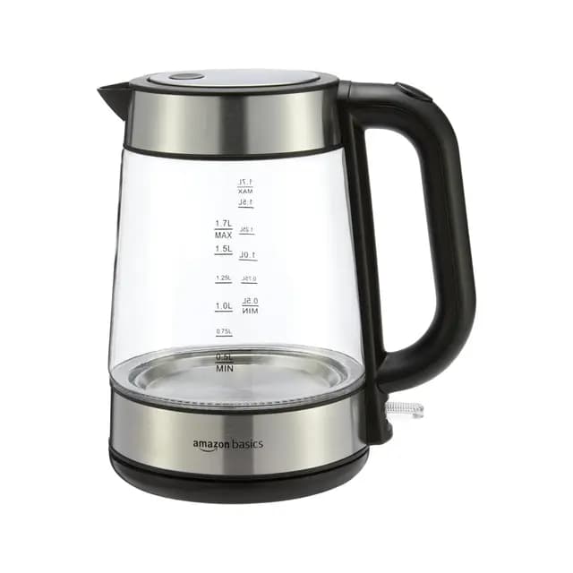 Amazon Basics Hervidor eléctrico de cristal, 1.7 l, 2200W, Negro, Plateado
