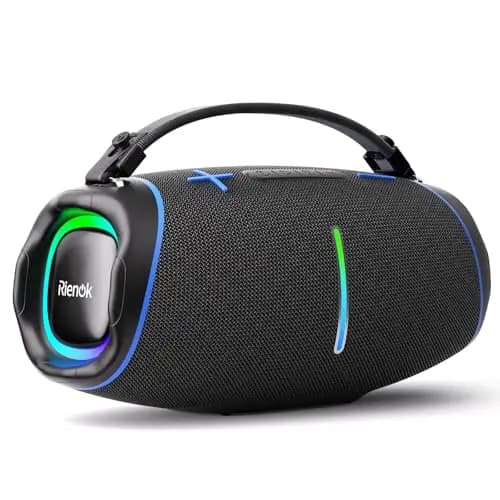 RIENOK Altavoz Bluetooth Potente 100W Portátil 30H con 2 Tweeters 2 Woofers Impermeable IPX6 Luces RGB Bluetooth 5.3 Inalámbrica Emparejamiento Estéreo Apoya 128G Tarjeta TF, AUX, Memoria USB