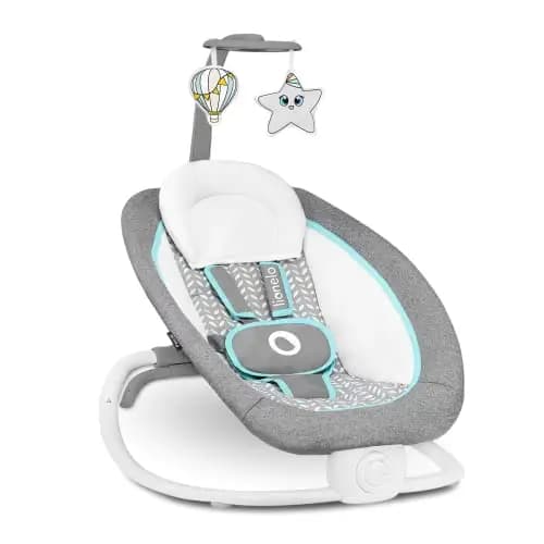 LIONELO Pascal baby bouncer delicadas vibraciones 12 melodías incorporadas con control de volumen ajuste del respaldo barra de juguetes interactivos plegable a tamaño compacto (Grey Scandi)