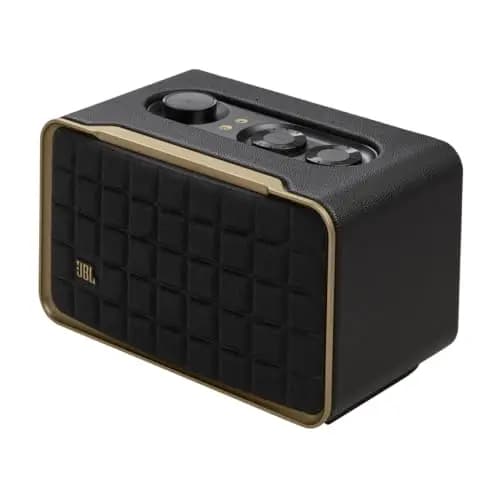 JBL Authentics 200, altavoz inteligente con tecnología Bluetooth, diseño retro, con cuadrícula gris, Wi-Fi integrado, Google Assistant, Amazon Alexa, AirPlay, JBL One App, negro