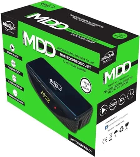 Receptor TDT HD DVB-T2 Digiquest MDD HEVC H.265 Chipset 10bit Full HD FTA, Sintonizador TDT HD Mini, DVB-T2, USB, HDMI, SCART, Mando a Distancia, Negro, Plástico
