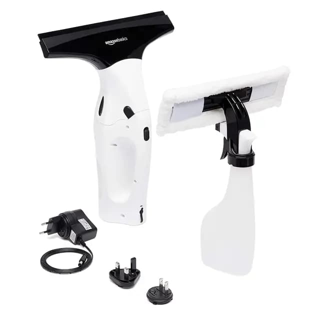 Amazon Basics Juego de aspiradora limpiacristales con batería recargable de litio para ventanas, azulejos, espejos y mamparas de ducha,enchufe para UE, Reino Unido, EE. UU. y Japón incluido,2 unidad