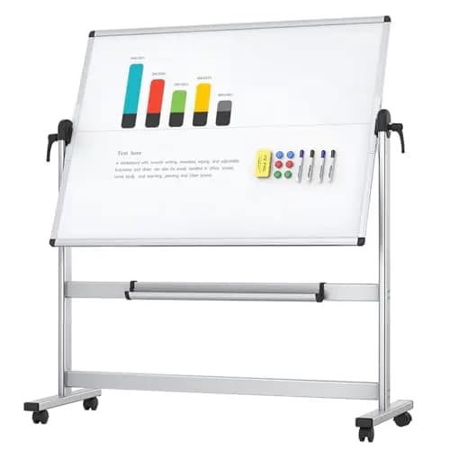 VIZ-PRO Pizarra blanca móvil magnética de doble cara 120x90 cm, con ruedas y marco de aluminio, para oficina y aula