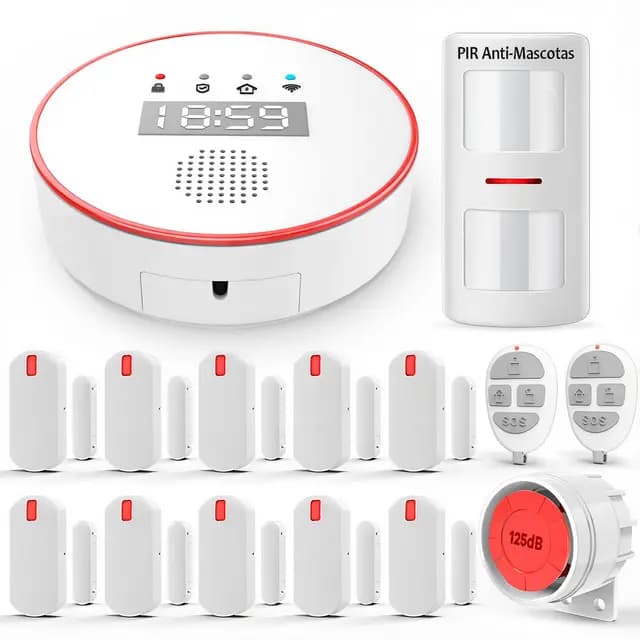YISEELE Kit Alarma casa 5 GHz Wi-Fi: con Reloj y App Gratis - Completo 1 Sirena 125dB - 1 PIR Anti-Mascotas - 10 Sensores Puerta/Ventana - 2 Mandos - 1 Central - Compatible con Alexa y Google Home