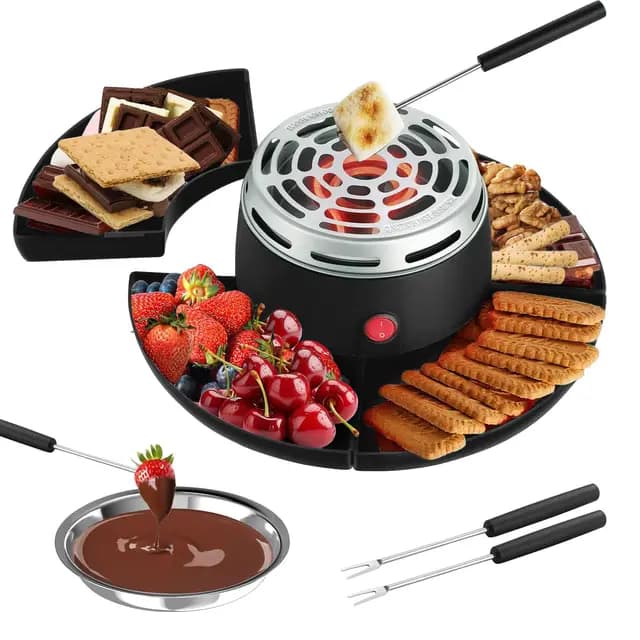 S'Mores - Juego de fondue de chocolate 2 en 1, tostador eléctrico de malvavisco con control de temperatura y 10 accesorios 280 W, modelo de mesa interior S'Mores, kit para fiestas, noches de