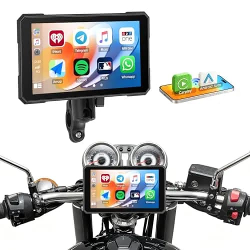 SIXWIN Pantalla Moto 5 Pulgadas con CarPlay/Android Auto Inalámbrico, Navegador GPS, IP68 Antiaqua, Soporte Universal Ajustable, Compatible con Monitoreo de Presión, Pantalla HD para Motocicleta