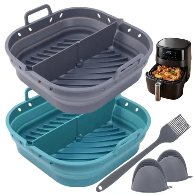 Moldes Silicona Air Fryer – Complementos Freidora de Aire Antiadherente | Set 2 Cestas + Brocha + Agarraderas BPA Free | Accesorios Airfryer Reutilizables 5,5L a 8L | Fácil Limpieza