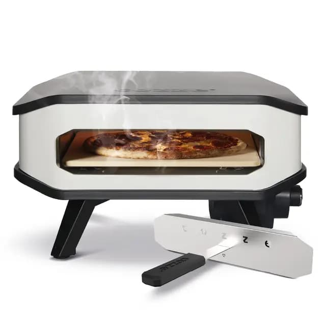 Cozze® Horno para pizza eléctrico de 13" con tapa frontal | 2200W | Control digital de temperatura | Piedra para pizza 34x34 cm | Exterior IPX4 | Blanco y negro