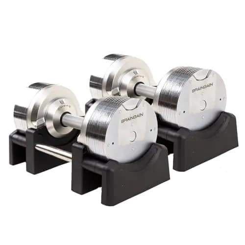 BRAINGAIN Mancuernas Ajustables Set 23,5kg/32,5kg/41,5kg – Ahora con mango Gen 4 de 34mm – Cambia de peso en 1 seg – Equipo de gimnasio en casa que ahorra espacio – Varios pesos en uno – Cromo/Negro