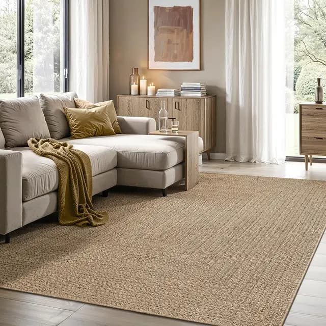 the carpet Kansas - Alfombra para Exterior e Interior con Aspecto de Yute Natural, Resistente a la Intemperie, Apta para Patio y jardín, Naturaleza, 120 x 170 cm