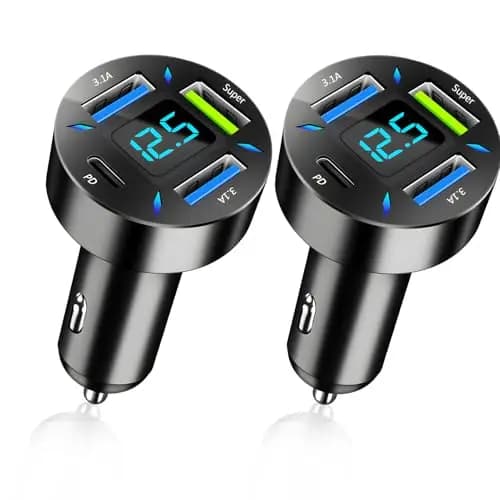 2 PCS 4 Puertos Cargador Mechero USB Carga Rapida, 66W Super y PD, con Voltímetro Led, Cargador Rápido Compatible con Múltiples Dispositivos y Todos Los Teléfonos Inteligentes