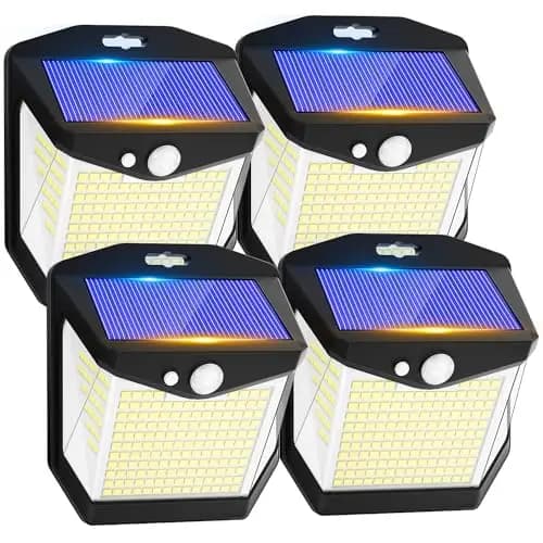 Luz Solar LED Exterior Jardin - 248 LED Luces Solares Sensor de Movimiento 270° Foco Solar Exteriores Lampara IP65 Impermeable Aplique Solar Potente con Iluminacion Terraza Outdoor Light 4 Paquete