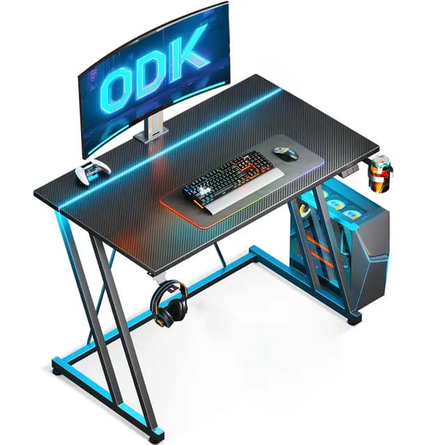ODK 80 × 50 cm Mesa Gaming con Luces LED, Escritorio Gaming con Soporte para Taza y Gancho para Auriculares, Diseño Doble Z Mesa Mesa Ordenador Fibra de Carbono Negro