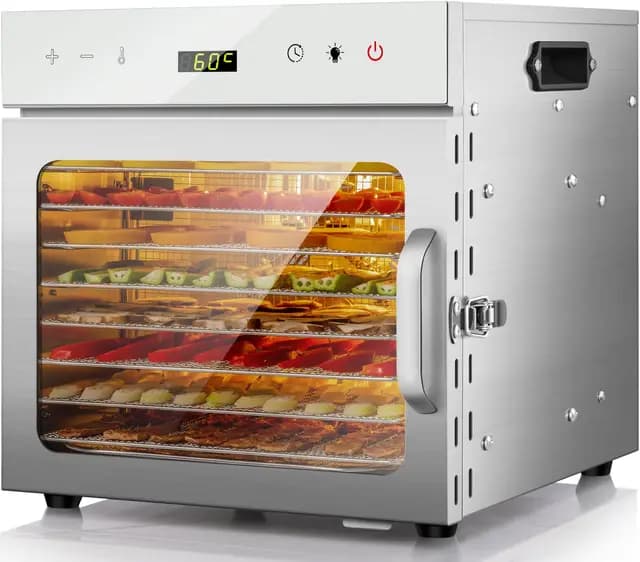 Kwasyo 8 Bandejas Deshidratador de Alimentos, Recetas Temperatura Ajustable 30-90℃, Acero Inoxidable Completo, Temporizador de 24 horas, Deshidratadora de Frutas, BPA Free