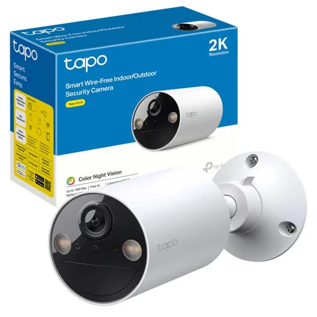 Tapo C410 - Cámara Wi-Fi de Batería para Exterior/Interior, 2K 3MP, 6400mAh, Detección de Personas por IA, Visión Nocturna a Color, No Requiere Hub, Compatible con Panel Solar