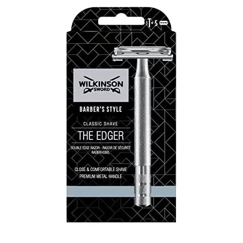 Wilkinson Sword Classic Premium - Máquina de Afeitar Vintage de Acero Cromado para Hombre + 5 Hojas de Afeitar de Doble Filo, Afeitado Clásico Manual, Gris