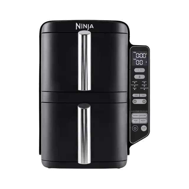 Ninja Double Stack Freidora de aire, 7,6 L, doble cajón vertical, 4 niveles de cocción, 2 cajones y 2 rejillas, diseño para ahorrar más espacio, 6 funciones de cocción, 6 porciones, Negro, SL300EU
