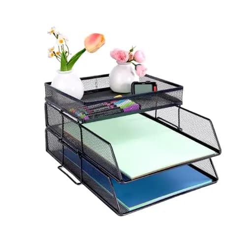 Bandejas de malla de 2 niveles, organizador de archivos de escritorio apilable con soporte superior para artículos de papelería, bandejas de papel para cartas y documentos para oficina, escuela y