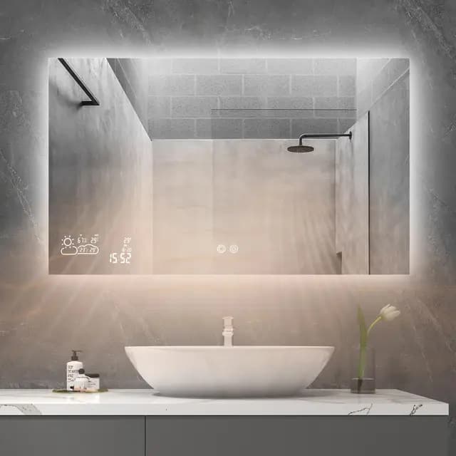 byecold Espejo de baño con iluminación LED 100x60 cm, Calefacción con estación meteorológica, WiFi, Espejo de baño, Calefacción con Interruptor táctil, Horizontal