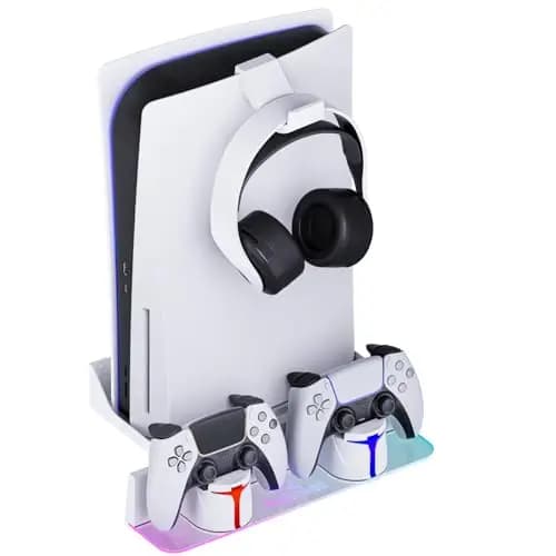 Hosanwell Soporte de Pared para PS5/PS5 Slim/PS5 Pro con Estación de Carga, Compatible con PS5 Disc & Digital Versión, Estación de Carga con Multimodo RGB Luz, Blanco