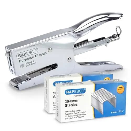 Rapesco 1298A Porpoise Grapadora de Tenaza con 10.000 Grapas Tipo 26/8 mm, Capacidad para 45 Hojas, Cromo