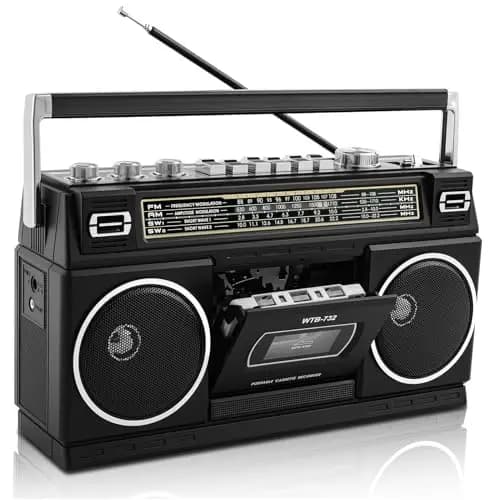 Boombox Retro 80s con Bluetooth y Reproductor de Casete | Radio Am/FM/OL, Sonido de Graves Potente 24W, Reproducción USB & Micro SD - Toma de Auriculares y Portátil para Interior/Exterior