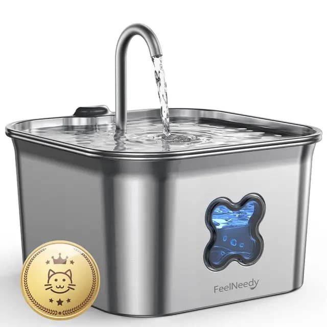 FEELNEEDY Fuente para Gatos Acero Inoxidable 2,8L, Bebedero Gatos con Cable y Filtración de Cuatro Capas, Fácil de Limpiar, Apta para Lavavajillas