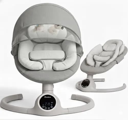 BEBE2LUXE Alpha : Silla Mecedora Eléctrica para Niños, Hamaca Bebé, Columpio Bebe, Hamaca eléctrica 0‑9 kg, Bluetooth, pantalla táctil LED, música, arnés 3 puntos, temporizador (Gris)