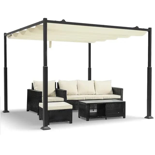 VOUNOT® Cenador Autoportante 3x3m con Techo Retráctil, Pérgola de Jardín con Lona Corredera de Poliéster 180g/m², Estructura Metálica Estable, Diseño Elegante Patio Terraza Exterior Beige Oscuro