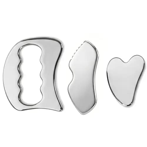 3-Piece Stainless Steel Gua Sha Facial Tool Set - D-Shape, Heart & Lip Scraping Board with Bolso de Terciopelo Negro for Lymphatic Drainage, Skin Care Massage