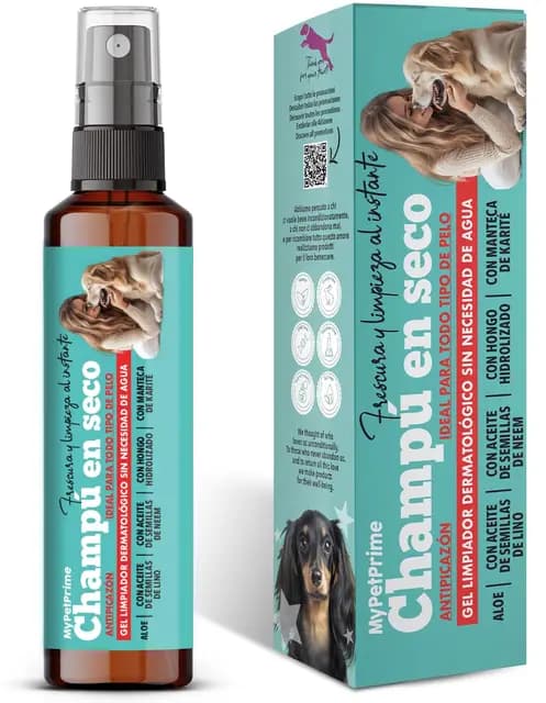 Champú Seco en Gel para Perros | SIN Aclarado | Antiolor | Dermatológico | Higienizante, Antipicor | con Aceite de Semillas de Neem | Apto para Todas Las Razas | Sin Parabenos ni SIL
