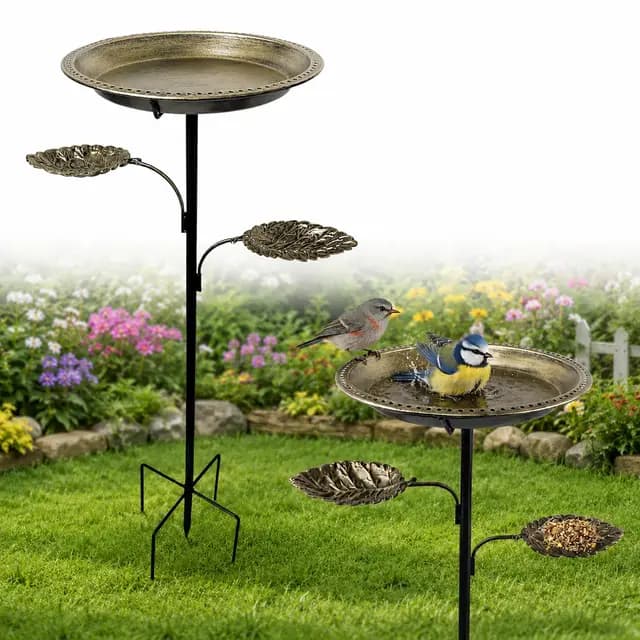 Baño para Pájaros de Metal con Soporte,2 en 1 Bebedero para Pájaros de Pie y Comedero, Bird Bath Vintage para Jardín, Baño para Pájaros con Estaca y Decoración Exterior para Balcón o Patio (Bronce)