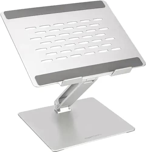 Amazon Basics Soporte ergonómico ajustable para portátil con ventilación térmica, ajuste de altura y ángulo, ideal para portátiles de hasta 17,3 pulgadas, Plateado ,25,4 x 23,9 x 6,5 cm
