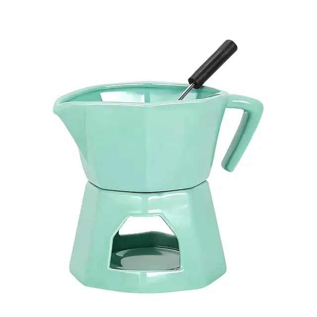 Fondue de Chocolate, Fondue Chocolate y Mantequilla de Cerámica, Set de 300ml con 1 Tenedores para Queso (Verde)