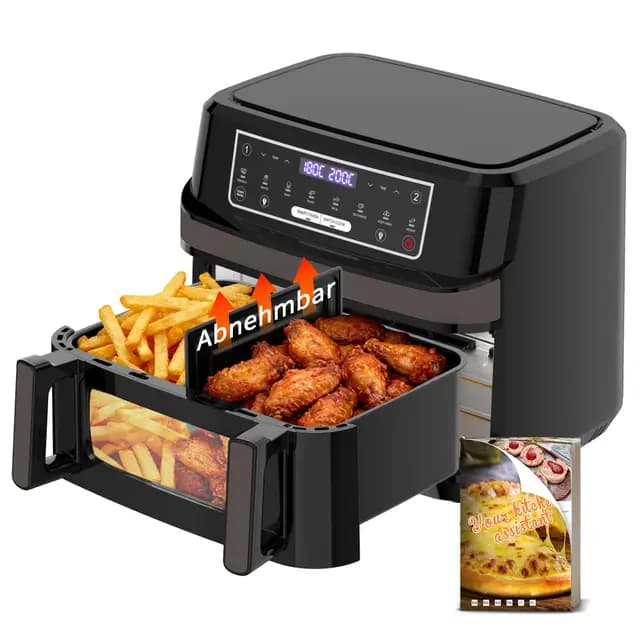 Freidora Aire 12 Litros | Freidora de Aire XXL Flexible Ajuste 1 Zona o 2 Zona, 2600W Doble Resistencia Control Independiente con Ventana y Luz, Air Fryer Grande 8-en-1 Controles táctiles Rezeptbuch