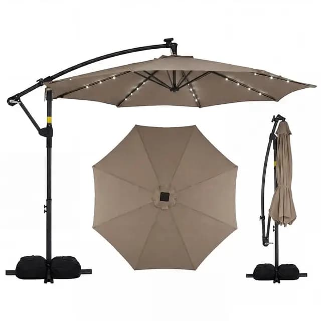 COSTWAY Sombrilla Terraza Exterior con Base, Parasol Excentrico con 32 Luces LED, Rotación de 360°, Manivela, Sacos de Arena, Sombrilla Jardín Grande para Patio Terraza (300 x 300 cm（con Luz）,Café)