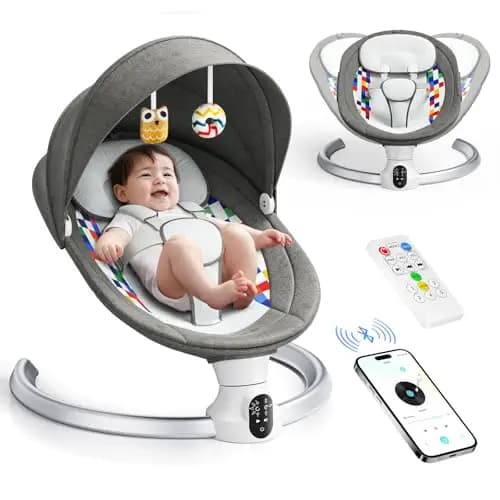 Mecedora Bebe Eléctrica hasta 9 kg, Hamaca Bebé con Bluetooth y Mando a Distancia, Silla Mecedora para Bebe Plegable con Arnés 5 Puntos, Visera Solar y Mosquitera, 10 Canciones