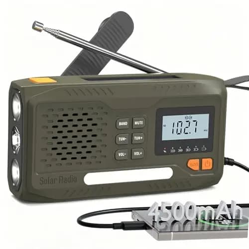 Radio Solar de Emergencia,Radio a Pilas Portatil Batería de 4500 MAh,Am/FM Radio Emergencia con Manivela,Pantalla, Kit de Emergencia Que Incluye Linterna,SOS Alarma y Cargador de Móviles USB