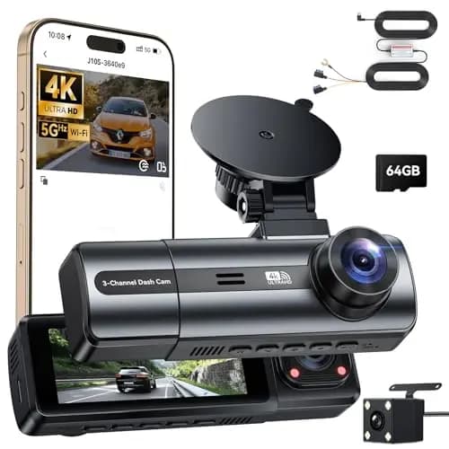3 Canales Dash CAM Coche, 4K+1080P Camara Coche con WiFi & App Controlcon, Tarjeta 64G, Super Visión Nocturna, Gran 170°, WDR, Grabación de Bucle, G-Sensores, Monitor de Aparcamiento (Negro)