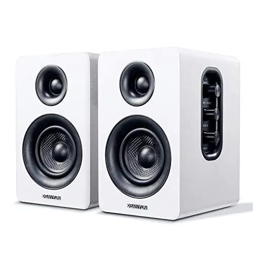 Sanyun SW208 Altavoces de estantería activos Bluetooth 5.0 de 3 "- Unidad de altavoz de fibra de carbono de 60W - DAC integrado de 24bits - Altavoces para juegos de monitor de computadora(par, blanco)