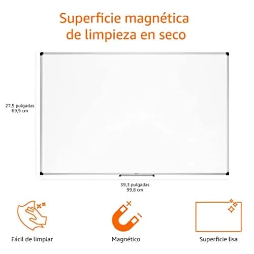 Amazon Basics Pizarra Blanca Magnética con Marco de Aluminio, Bandeja para Rotuladores, 6 Imanes, 1 Borrador y 2 Rotuladores para Uso en Oficina y Hogar, Montaje en Pared, Borrado en Seco, 90 x 60cm