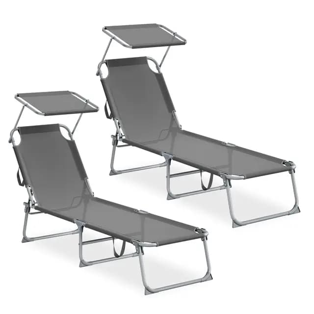 SONGMICS Tumbonas Plegables, 189 x 53 x 28,5 cm, Juego de 2 Tumbonas para Jardín, Cada Una con Carga 110 kg, con Parasol y Respaldo Ajustables, para Terraza y Balcón, Gris GCB294GZ02