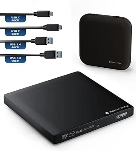techPulse120 Grabadora de 4K UHD BLU-Ray Externa USB 3.1 USB-C Deluxe Paquete Reproductor Aluminio Negro