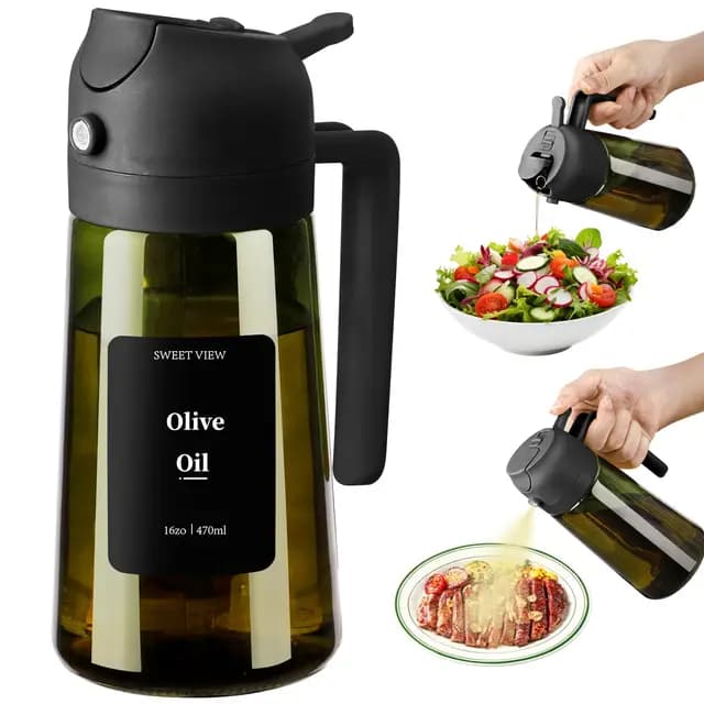 SWEET VIEW Aceitera Spray Pulverizador y Dispensador Aceite, vertedor de aceite de vidrio a prueba de luz de 470 ml para cocina, freidora de aire, cocina, ensalada y barbacoa