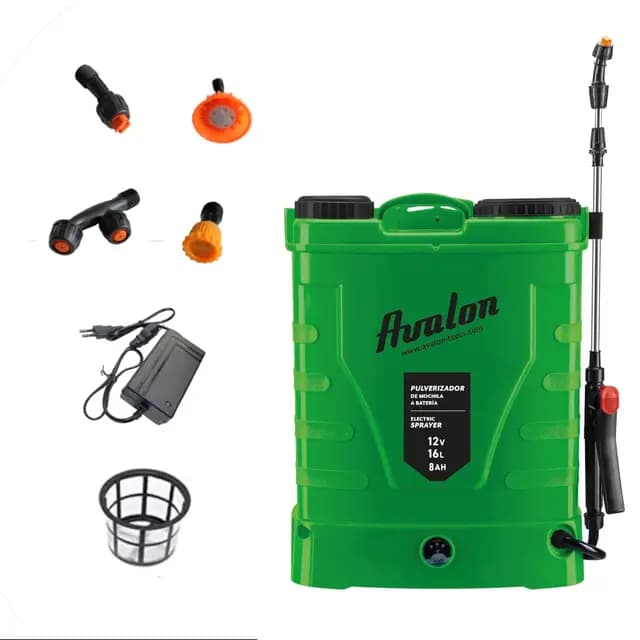 Avalon - Pulverizador de Mochila a Presión con Batería Recargable, Tanque 16L, Lanza INOX Verde. Incluye arnés, Cargador y Set de boquillas de pulverizado