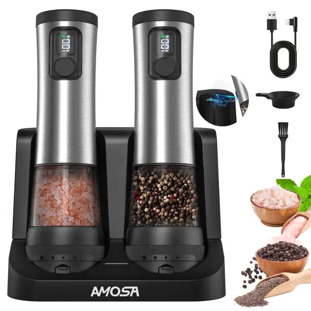 AMOSA Juego de Molinillo Pimienta Electrico de Sal, con 5 Tamaños de Grano & 2 Velocidades Ajustables, Base Recargable con Pantalla de Batería, Saleros de Cocina Automática acero Inoxidable con LED
