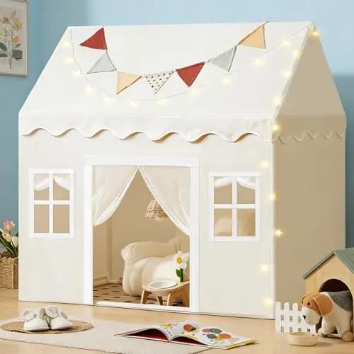 Tiny Land Tienda de Campaña Infantil con Tapete Suave y Luces, Casita Infantil de Tela Lavable, Rincón de Lectura para Dormitorio, Regalo para Niños y Niñas 3-13 Años - 133x90x136 cm