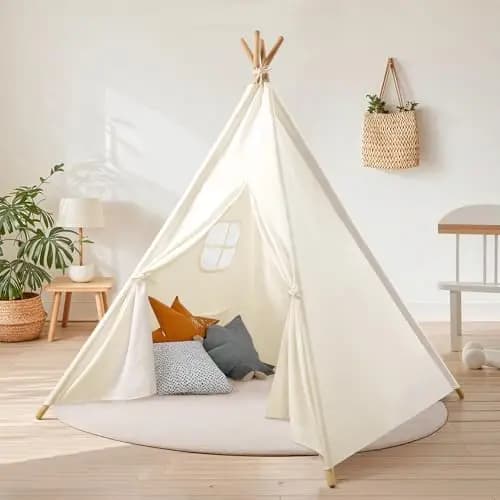 Wilwolfer Tipi Infantil, Algodón Tienda de Campaña Interior Madera Portátil Cabañas para Niños, Tienda de Juego Blanco Roto