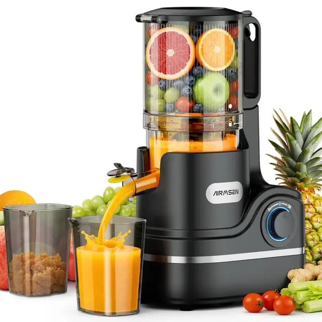AIRMSEN Extractor de Zumos y Verduras 147MM Apertura Extractor, Capacidad de 2,1 L, Extractor de Jugo Prensado en Frío, Motor de 300 W, Licuadora Silenciosa y Eficiente, Fácil de Limpiar Negro