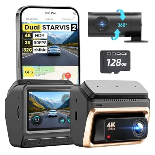 DDPAI Z60 Pro Dashcam 4K, Dual STARVIS 2 IMX678 60FPS, 32GB eMMC Integrado + Tarjeta 128GB Gratis, Visión Nocturna AI ISP, 4G LTE, WiFi 6 5GHz GPS, Modo Aparcamiento 24h, Pantalla IPS 3"